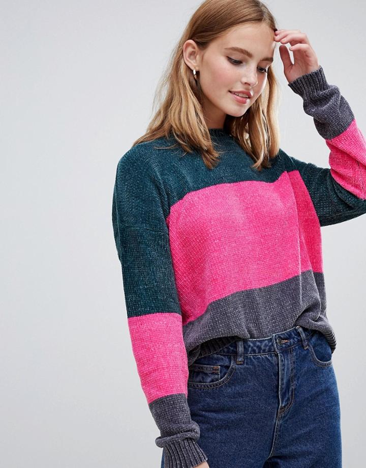 Brave Soul Panda Chenille Sweater In Block Stripe - Red