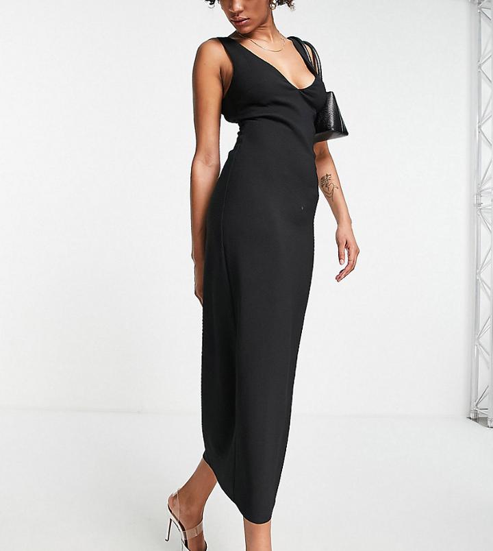 Asos Design Tall Bias Cut Plunge Midi Dress In Ribbed Crepe-black