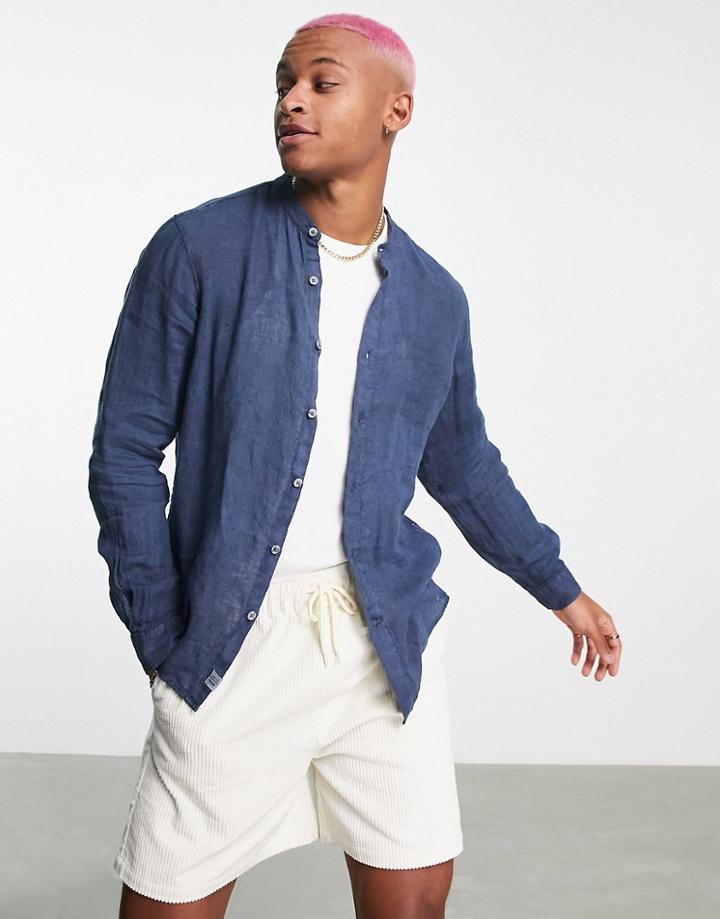 Pull & Bear Long Sleeve Linen Band Collar Shirt In Navy