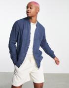 Pull & Bear Long Sleeve Linen Band Collar Shirt In Navy