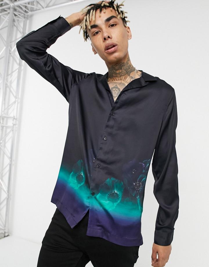 Asos Design Regular Deep Revere Satin Shirt In Placement Blue Ombre Floral Print-black