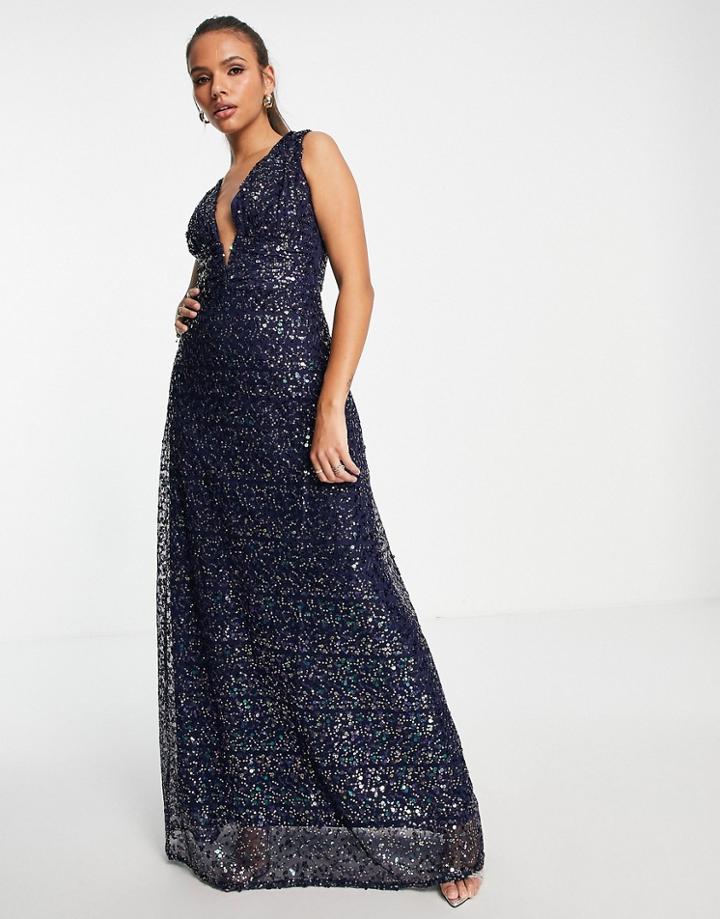 Goddiva Embroidered Plunge Maxi Dress In Navy