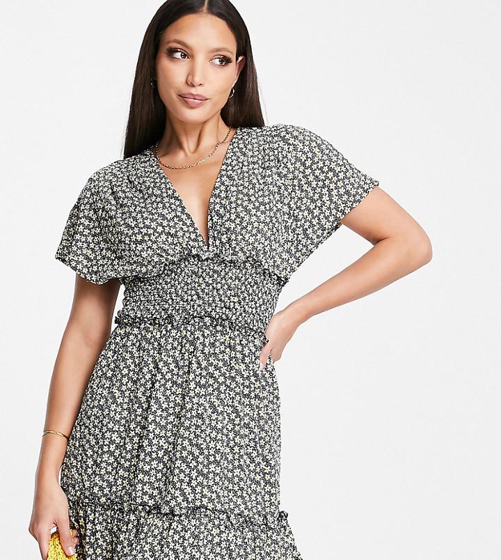 Only Tall Shirred Plunge Neck Mini Dress In Daisy Print-multi