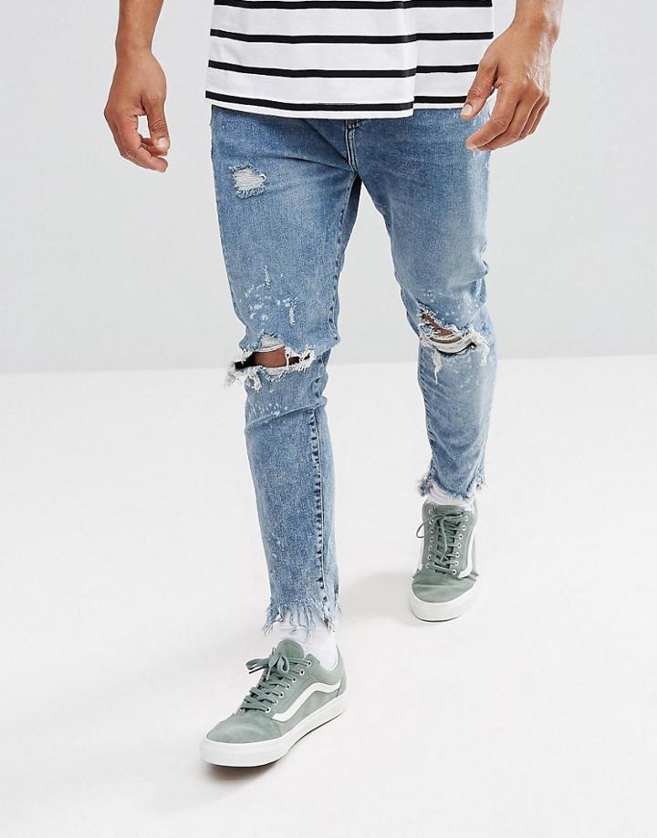 Bershka Carrot Fit Jeans With Rips In Acid Wash - Blue