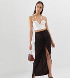 Asos Design Tall Exclusive Drape Wrap Slinky Maxi Skirt - Brown