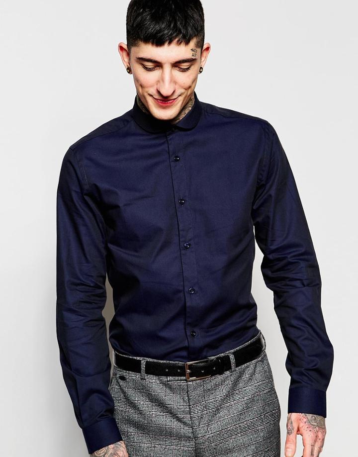 Heart & Dagger Textured Shirt With Curve Collar In Slim Fit - Navy