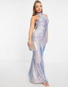 Goddiva Sequin High Neck Maxi Dress With Fishtail In Iridescent Blue-blues