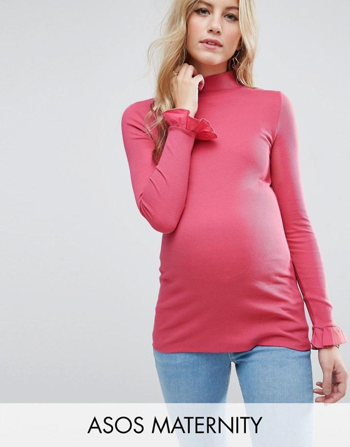 Asos Maternity Top With Turtleneck And Ruffle Sleeve - Red