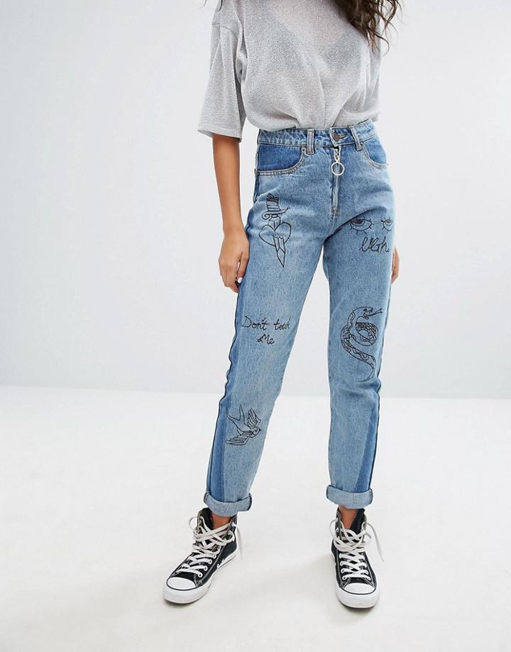 Liquor & Poker Mom Fit Jean With Graffiti Patches And Contrast Wash - Blue