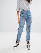 Liquor & Poker Mom Fit Jean With Graffiti Patches And Contrast Wash - Blue