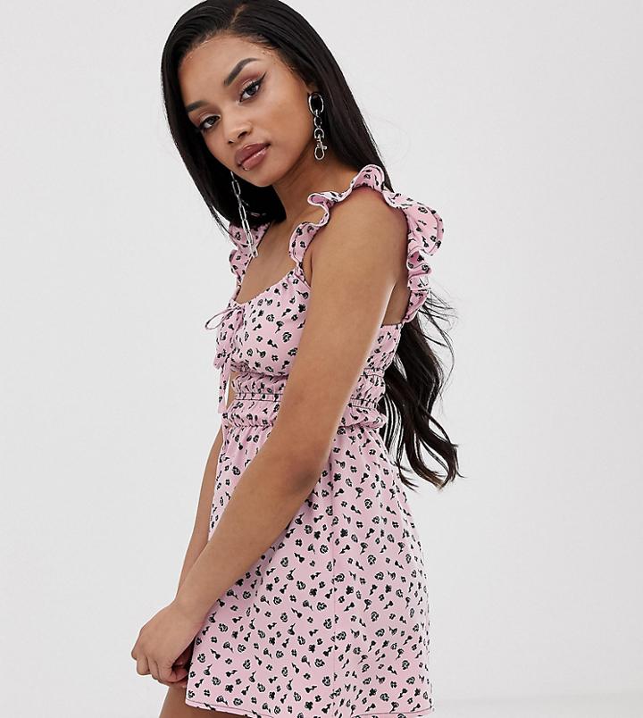 Collusion Petite Shirred Romper In Ditsy Print-multi