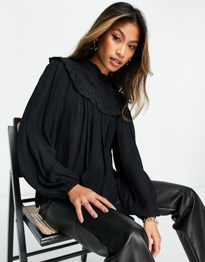 Topshop Frill Yoke Longsleeve Satin Top In Black