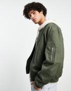 Asos Design Oversized Bomber Jacket With Ma1 Pocket In Dark Green