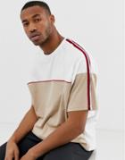 Asos Design Organic Oversized T-shirt With Contrast Yoke And Piping In Beige