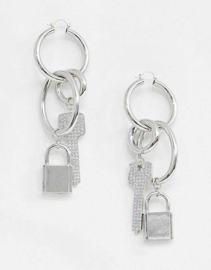 Asos Design Hoop Earrings With Padlock And Key Design In Silver