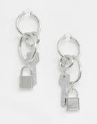 Asos Design Hoop Earrings With Padlock And Key Design In Silver