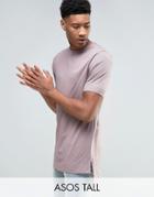 Asos Tall Longline T-shirt With Hem Detail And Side Vents In Pink - Pi
