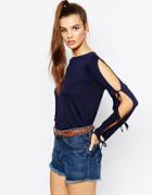 Daisy Street Long Sleeve Top With Tie Sleeve - Navy