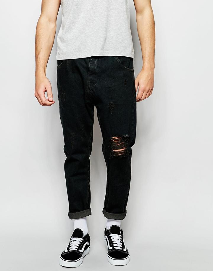 Asos Bow Leg Jeans In Washed Black With Raw Edge Waistband Detail - Washed Black