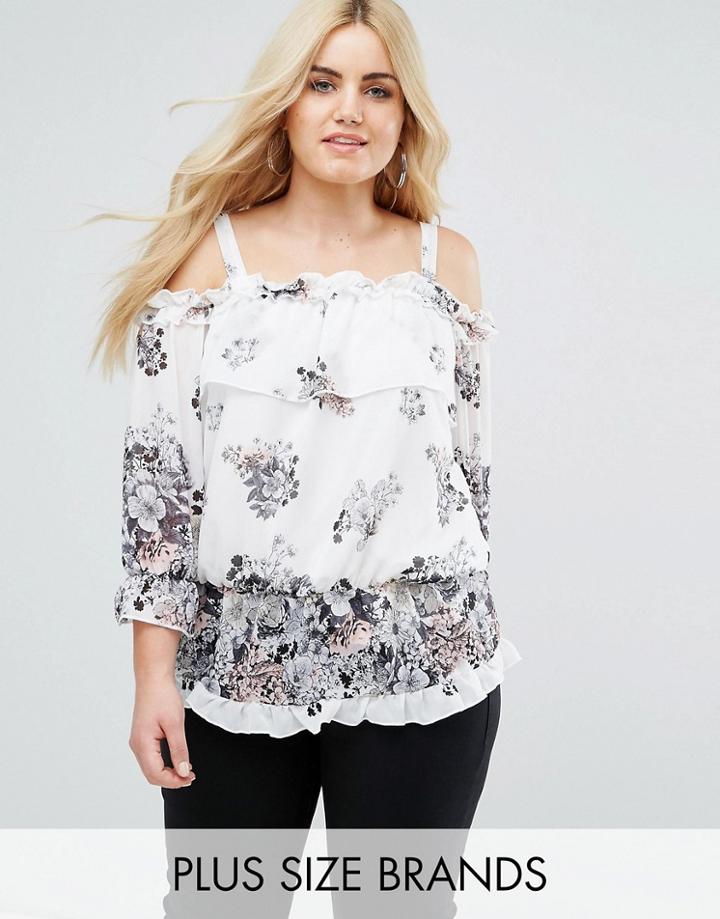 Lovedrobe Floral Print Ruffle Detail Cold Shoulder Blouse - Multi