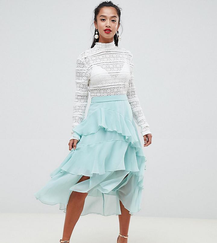 Asos Design Petite Asymmetric Ruffle High Low Midi Skirt - Green