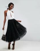 Asos Midi Tulle Prom Skirt With Flocked Polka Dots - Black