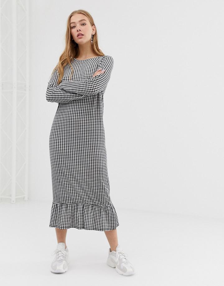 Daisy Street Long Sleeve Smock Dress With Peplum Hem In Gingham - Black