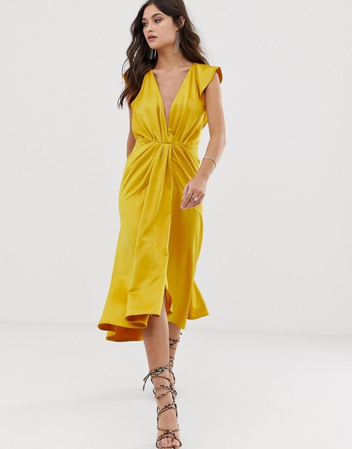 Asos Design Knot Front Plunge Midi Dress With Ruffle Sleeve And Open Back In Satin-gold