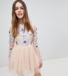 Asos Design Petite Pastel Embroidered Tulle Mini Dress - Pink
