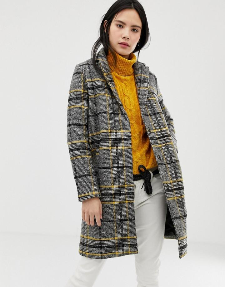 Qed London Brushed Check Coat - Gray
