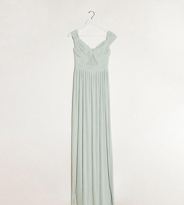 Asos Design Tall Premium Lace And Pleat Off-the-shoulder Maxi Dress In Sage-neutral