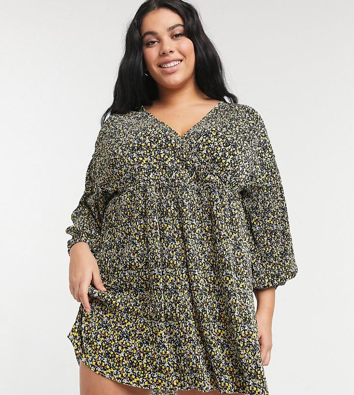 Asos Design Curve Mini Plisse Long Sleeve V-neck Dress In Multi Floral