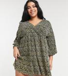 Asos Design Curve Mini Plisse Long Sleeve V-neck Dress In Multi Floral