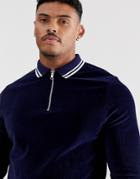 Asos Design Long Sleeve Polo Shirt With Zip Neck In Ribbed Velour With Contrast Tipping - Navy