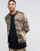 Asos Knitted Camo Bomber Jacket In Fluffy Yarn - Green