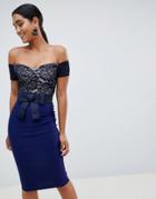 Vesper Bardot Midi Dress With Contrast Lace - Navy