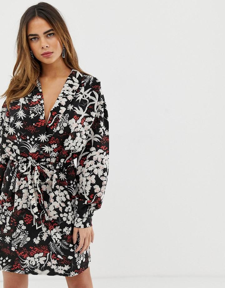 Liquorish Floral Wrap Front Mini Dress With Tie Belt - Multi
