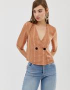 Glamorous Button Front Cropped Blouse In Subtle Spot-brown