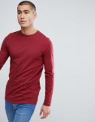 Asos Design Longline Crew Neck T-shirt With Long Sleeves In Red - Red