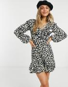 Asos Design Curve Mini Wrap Dress With Frill Neck And Pep Hem In Black Base Daisy Print