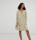 Monki Floral Print V-neck Smock Dress In Yellow - Orange