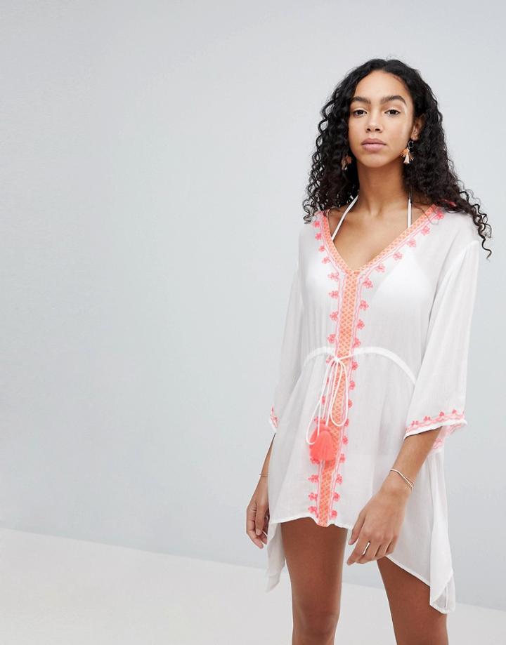 Liquorish Neon Trim Beach Dress - White