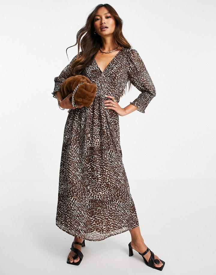 Vila Printed Midi Dress With Shirred Volume Sleeve In Leopard Print-brown