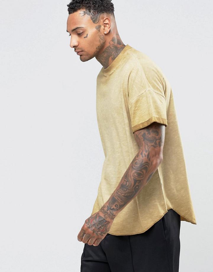 Asos Oversized T-shirt With Roll Sleeve In Oil Wash With Curved Hem In Yellow - Green