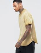 Asos Oversized T-shirt With Roll Sleeve In Oil Wash With Curved Hem In Yellow - Green