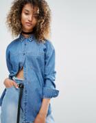 Daisy Street Longline Denim Shirt With Collar Embroidery - Blue
