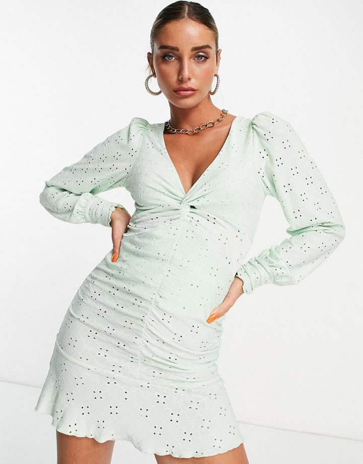 Asos Design Broderie Mini Dress With Ruching And Twist Detail In Mint-green