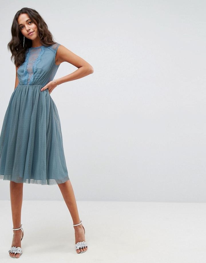Asos Tulle Cap Sleeve Midi Dress In Tonal Lace - Blue