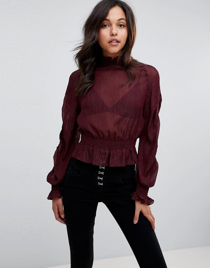 New Look Shirred High Neck Blouse - Purple