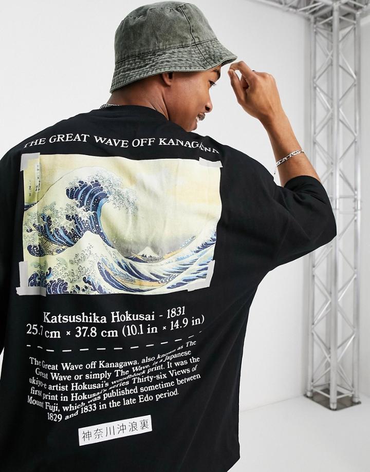 Asos Design Oversized T-shirt With The Great Wave Off Kanagawa Graphic Print In Black-green
